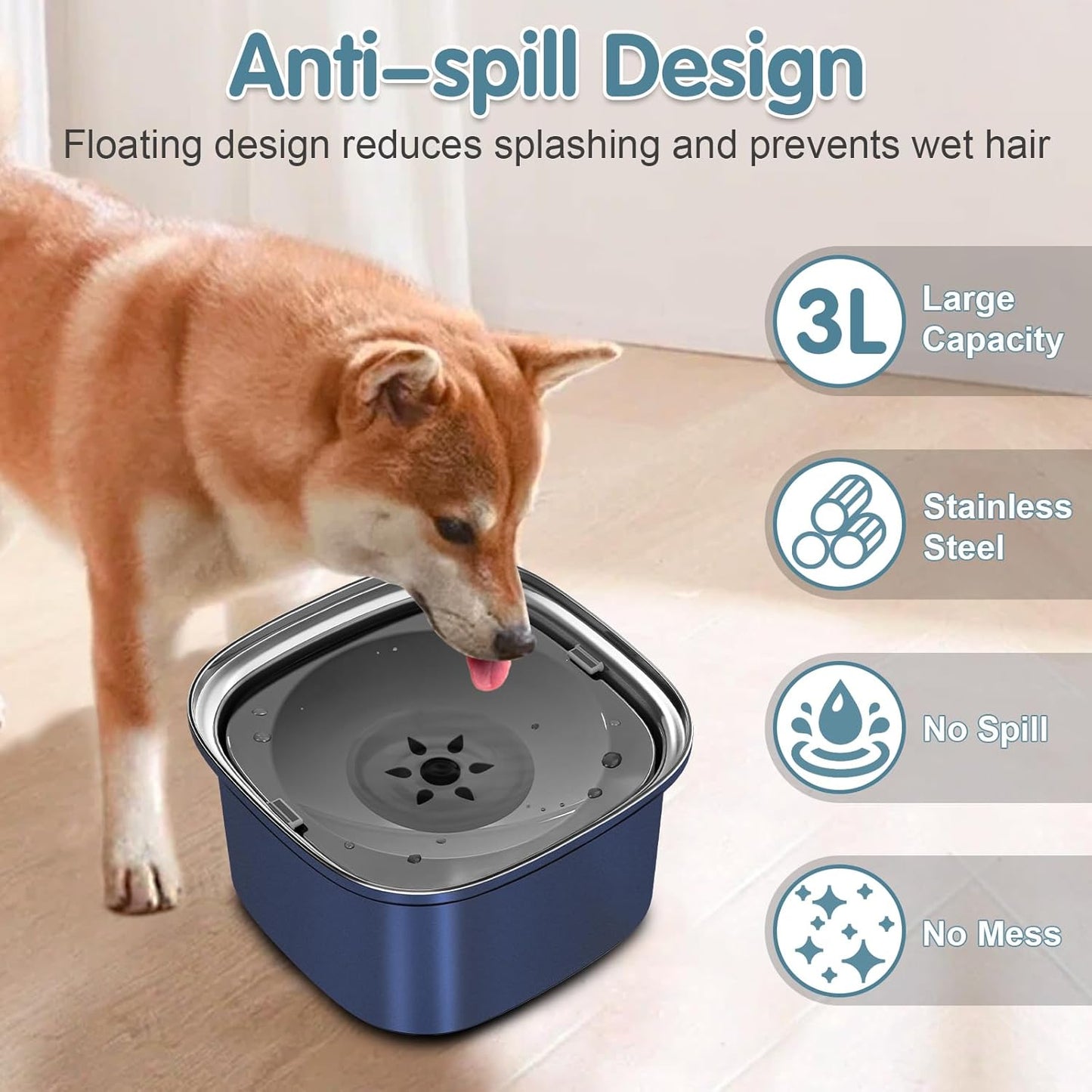 UPSKY 3L Dog Water Bowl 101oz Stainless Steel No Spill Large Capacity Dog Food Water Bowl Slow Water Feeder, Spill Proof Pet Water Dispenser Vehicle Carried Travel Water Bowl