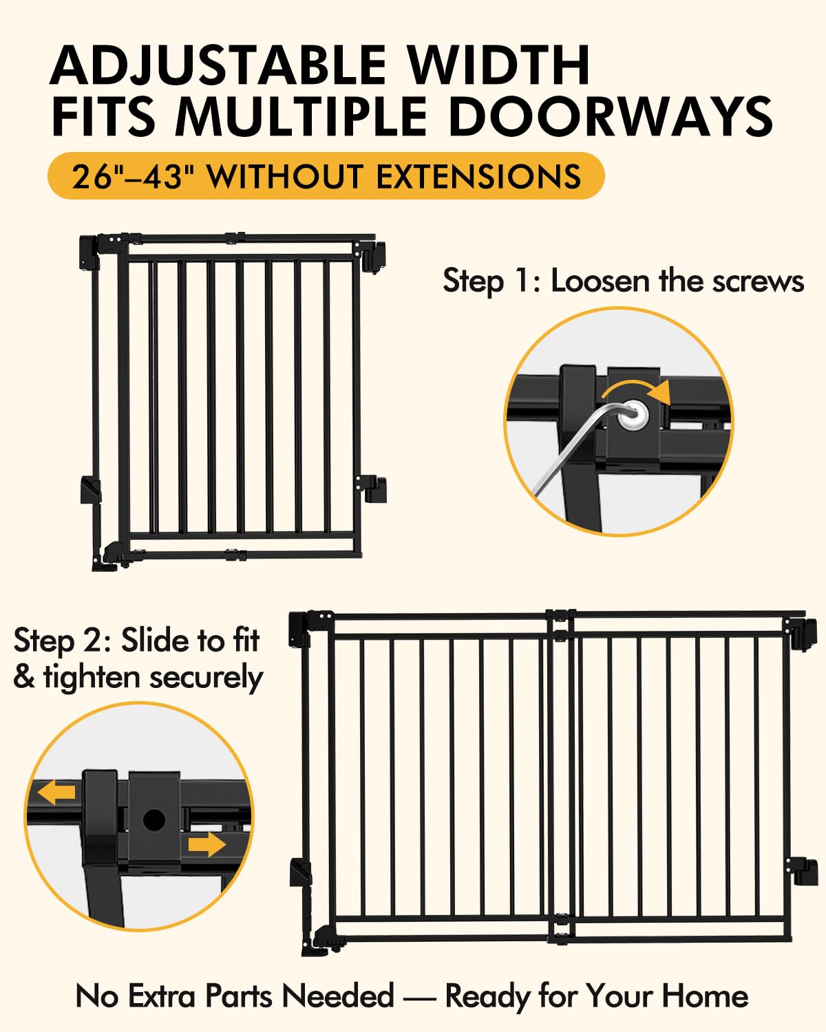 Extra Wide Baby Gate for Doorways 29" Tall Safety Gate for Kids&Pets,Pressure Mounted with Auto Close,Walk-Thru Metal Gate,Adjustable Width 26.4"-43",Indoor Pet Gate for Stairs & Hallways Black