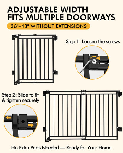 Extra Wide Baby Gate for Doorways 29" Tall Safety Gate for Kids&Pets,Pressure Mounted with Auto Close,Walk-Thru Metal Gate,Adjustable Width 26.4"-43",Indoor Pet Gate for Stairs & Hallways Black