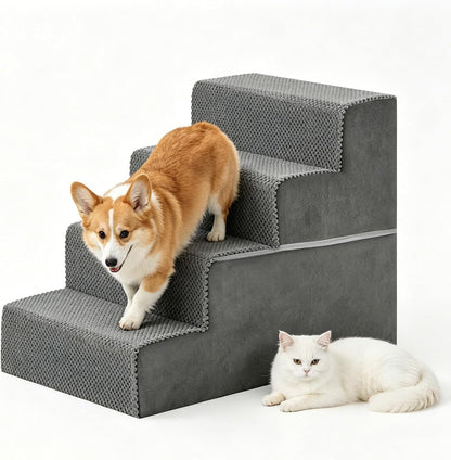 DUMOS Dog Stairs for Small and Medium Dogs, 3-Step Pet Steps with High-Density Foam, Indoor Non-Slip Pet Ramp for Puppy and Older Dogs Cats, Dog Bed Stairs for Couch and Sofa, Grey