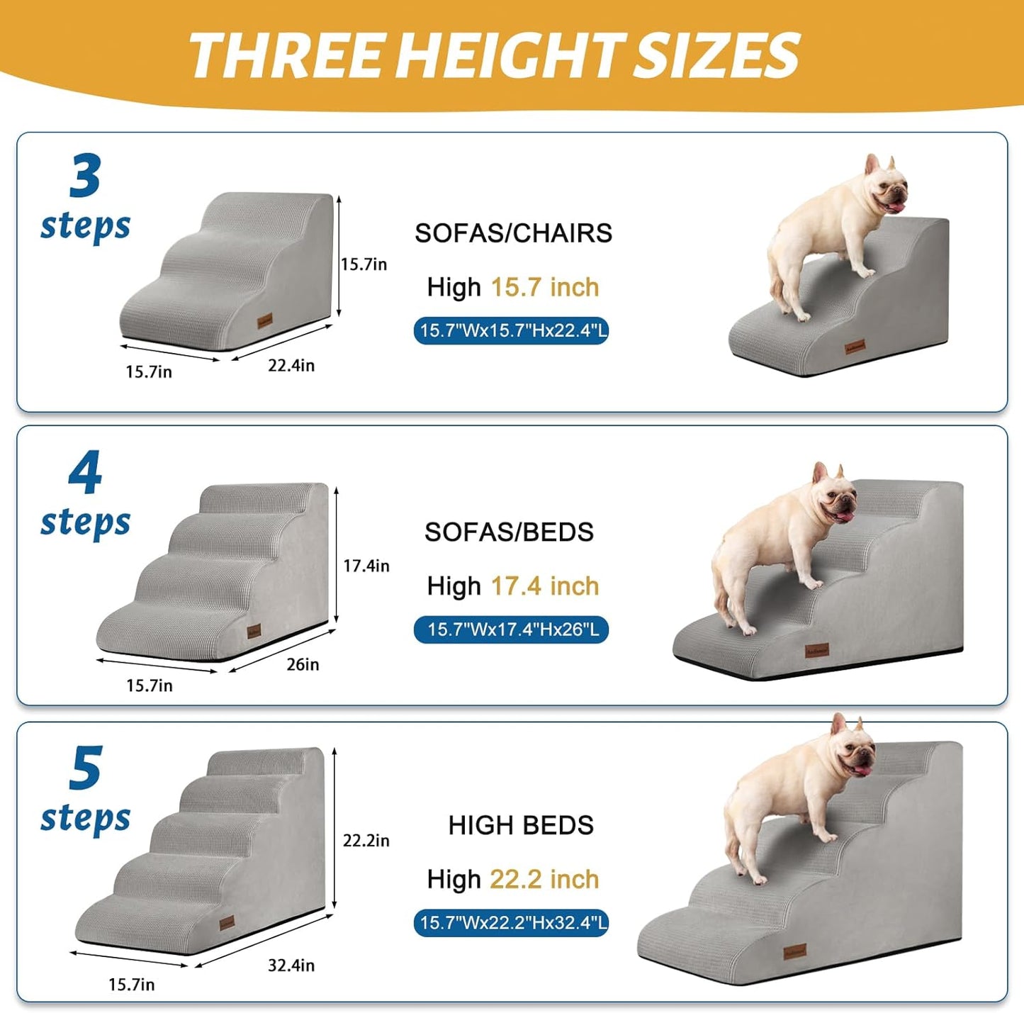 Aodisman 3-Step Dog Ramp and Stairs for Sofa and Chair - Non-Slip Sturdy Pet Steps for Small Dogs and Cats,15.7" H,Grey