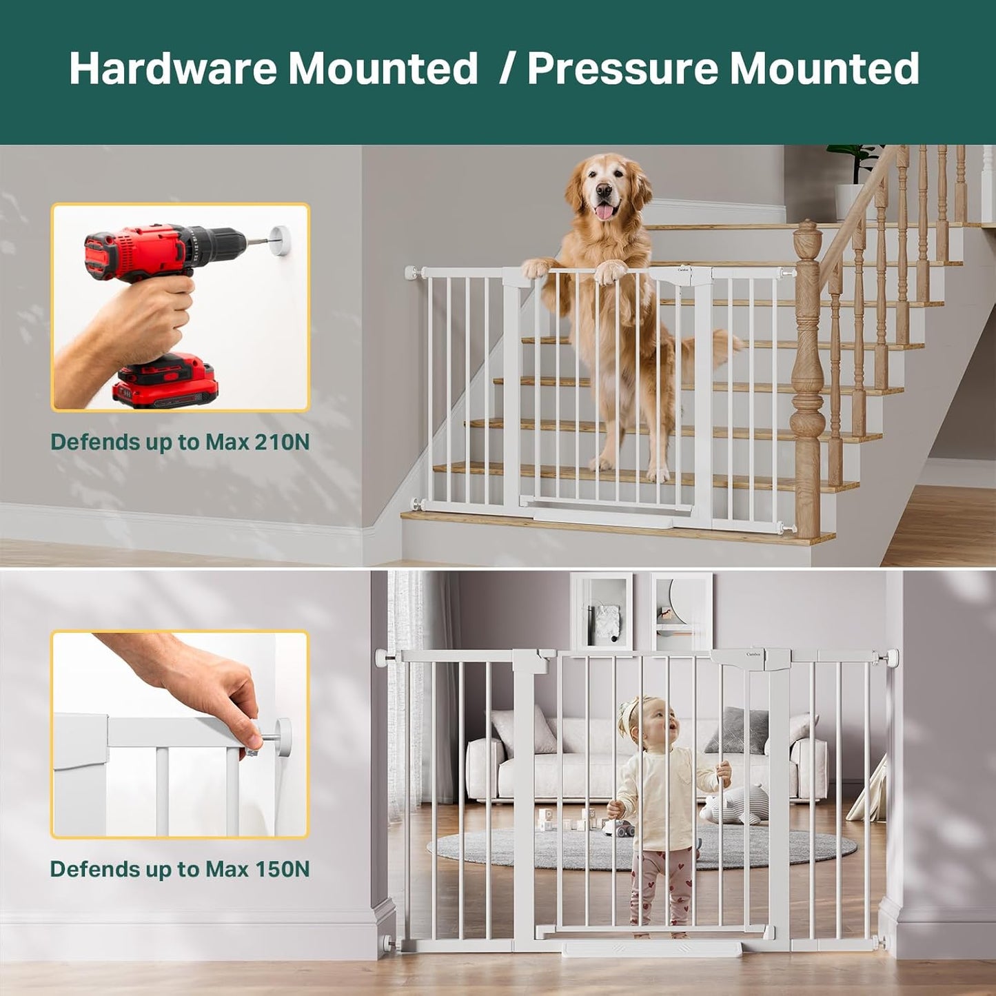 Cumbor 36.6-64" Extra Wide Baby Gate for Stairs, Dog Gates for Doorways, Auto-Close Pet Gate Indoor, Pressure Mounted Walk Through Safety Child Gate for Kids Toddler, Tall Pet Puppy Fence Gate, Brown