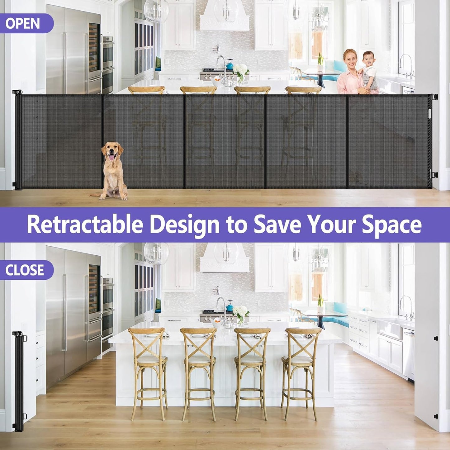 Reinforced 42" Tall Retractable Dog Gate, 155" Extra Long Retractable Baby Gate with Support Rods - Prevent Crawling Under, Indoor/Outdoor Retractable Gate Extra Tall Baby Gate Retractable Fence/Black