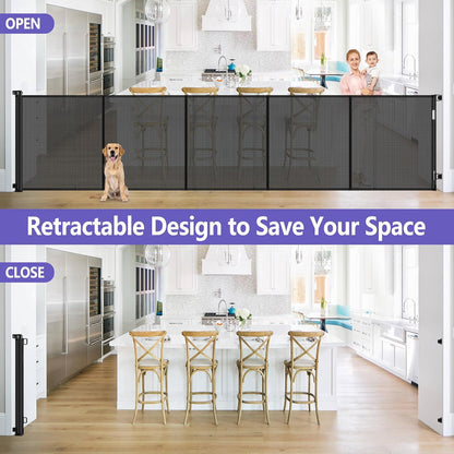 Reinforced 42" Tall Retractable Dog Gate, 155" Extra Long Retractable Baby Gate with Support Rods - Prevent Crawling Under, Indoor/Outdoor Retractable Gate Extra Tall Baby Gate Retractable Fence/Black