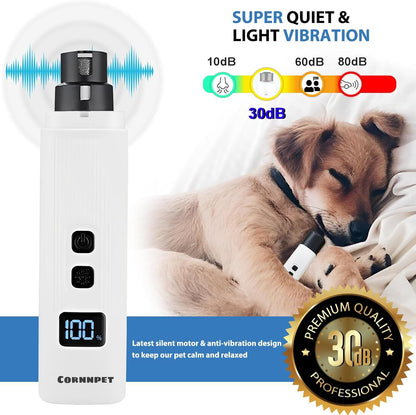 Electric Dog Nail Grinder with 2 Level LED Lights, 2 Speed 30dB Super Quiet and Low Vibration Turbo Charge Pet Nail Grinder for Small Dogs and Cats - White