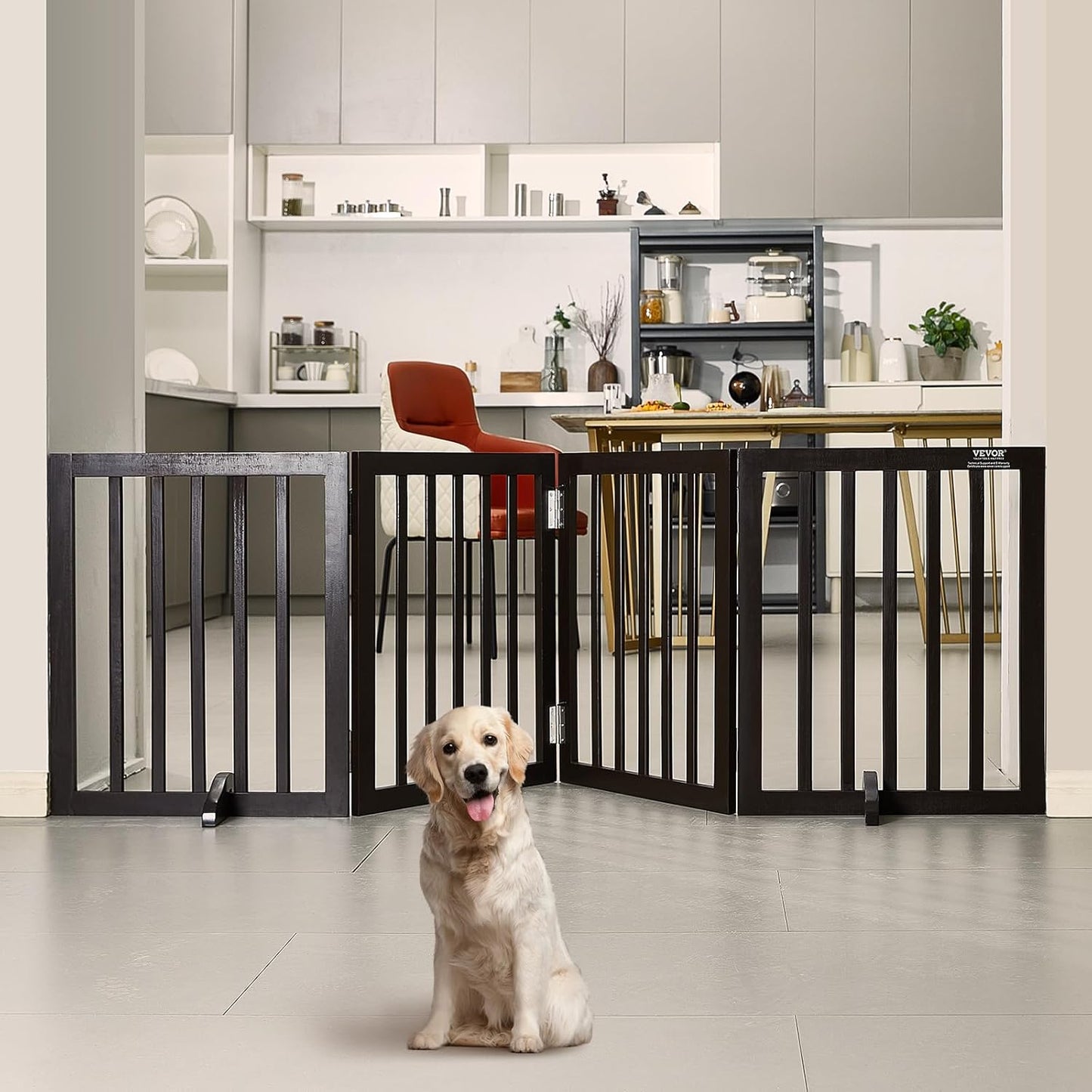 VEVOR Freestanding Pet Gate, Wooden 24" H x 80" W, 4-Panel Foldable Gate for Wide & Narrow Passageways, Expandable Dog Barrier with Silent Foot Support, White