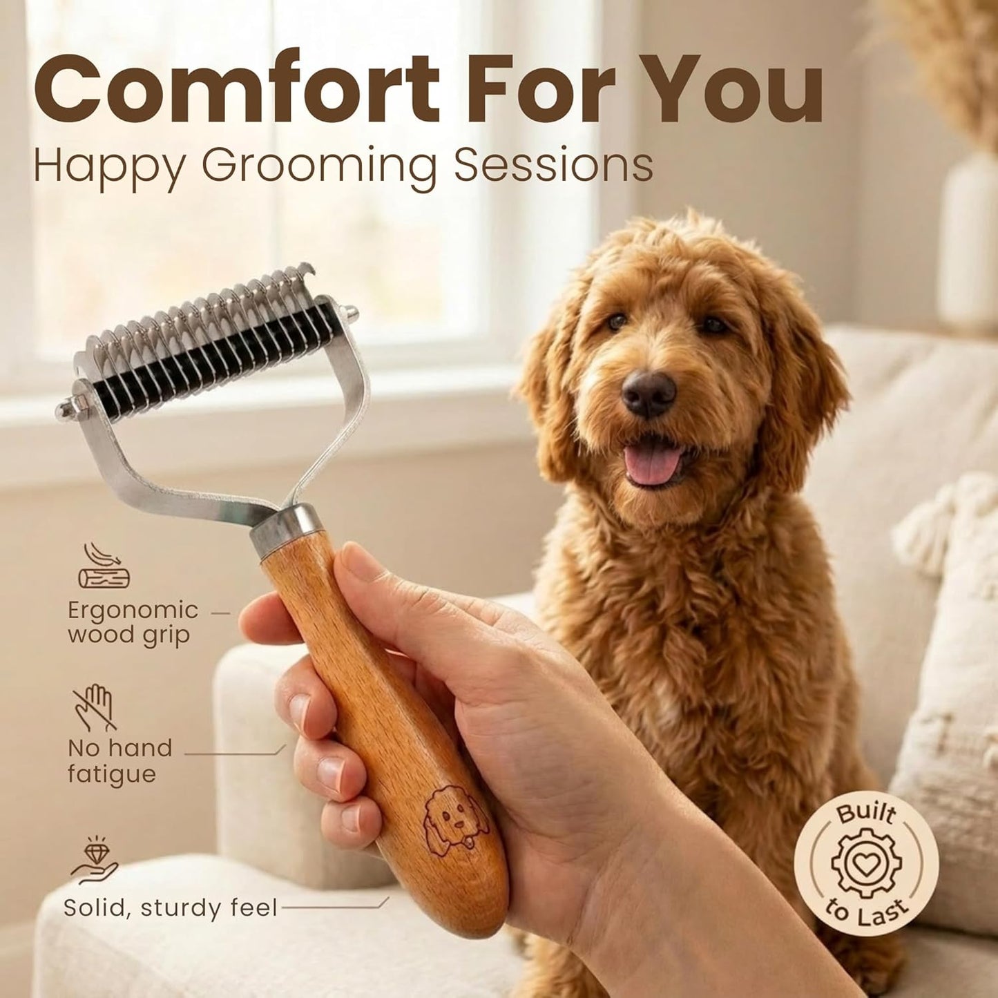 We Love Doodles Pet Dematting Comb and Pet Dematting Brush & Rake - Brown, Stainless Steel Deshedding Undercoat Rake and Detangler Brush for Dogs, Grooming Tool for Detangling, Thinning and Shedding