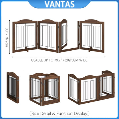 Vantas Espresso Wooden Folding Dog Gate 144" Wide x 30" Tall with Door, Freestanding Pet Gate, Pet Puppy Safety Fence
