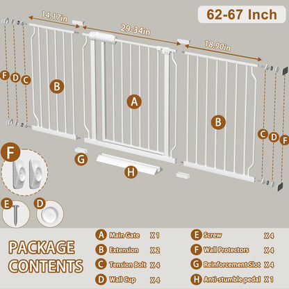Fairy Baby Extra Wide Baby Gate for Dogs Pressure Monuted Safety Gate for Living Room, Fits 62 Inch to 67 Inch with No Drill Auto Close Dog Gate for Doorways, White