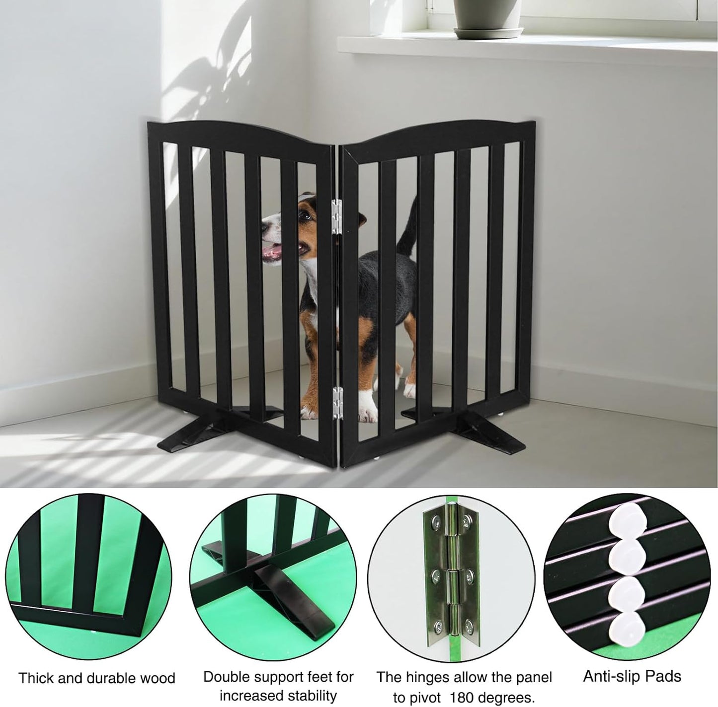 ZJSF Foldable Freestanding Indoor Dog Gate for House Wood White Long Pet Gates Dog Fence for Stairs Puppy Gates for Hallways,Pet Fence, Puppy Gate,Support Feet Included 24 "Height-3 Panels
