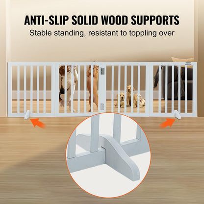 VEVOR Freestanding Pet Gate, Wooden 24" H x 80" W, 4-Panel Foldable Gate for Wide & Narrow Passageways, Expandable Dog Barrier with Silent Foot Support, White