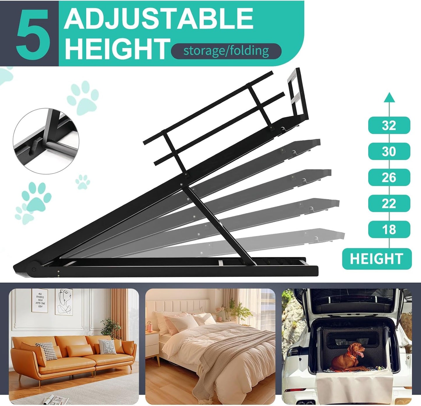 Dog Ramp for Couch, 5-Level Adjustable Wooden Pet Ramp for Bed & SUV, Adjustable Height 15.7"-23.6",Folding Non Slip Dog Ramps for Small Large Senior Dogs & Cats - Furniture Quality