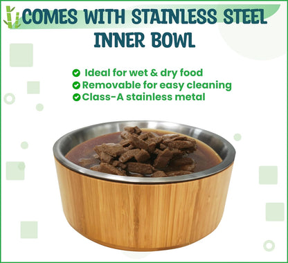 Elevated Slow Feeder Dog Bowls Large Breed - (12-inch-high) - Raised Bowl with Anti-Choking Insert - Stainless Metal and Bamboo