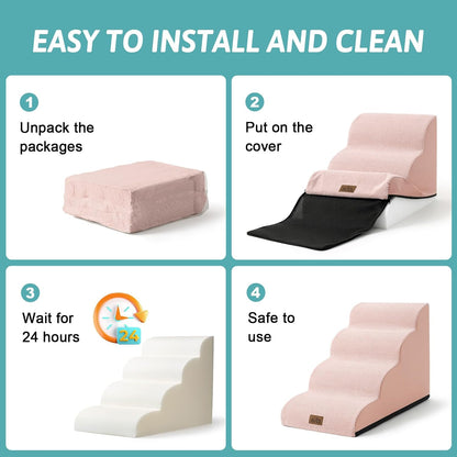COZY KISS Dog Stairs for Small Dogs 15.7" H, Curved Dog Step for Puppy, Older Cat, Medium Pet Ramp for Sofa, Couch or Chair, Ladder with High Density Foam, 3 Step, 15.7x22.4x15.7 inch, Beige