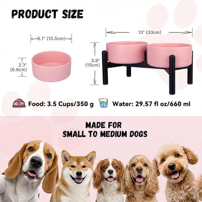 Raised Ceramic Dog Bowl Set - Elevated Double Dishes with Stainless Steel Stand - Food and Water Bowls for Small to Medium Dogs - Each Holds 3.5 Cups (29.57 fl oz) - White