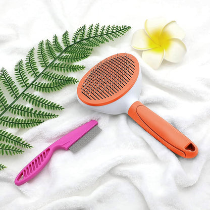 Cat Brushes for Indoor Cats, Dog Brush for Shedding with Metal Cat Comb, Self Cleaning Pet Hair Brush with Release Button for Grooming Kitten(Pink)