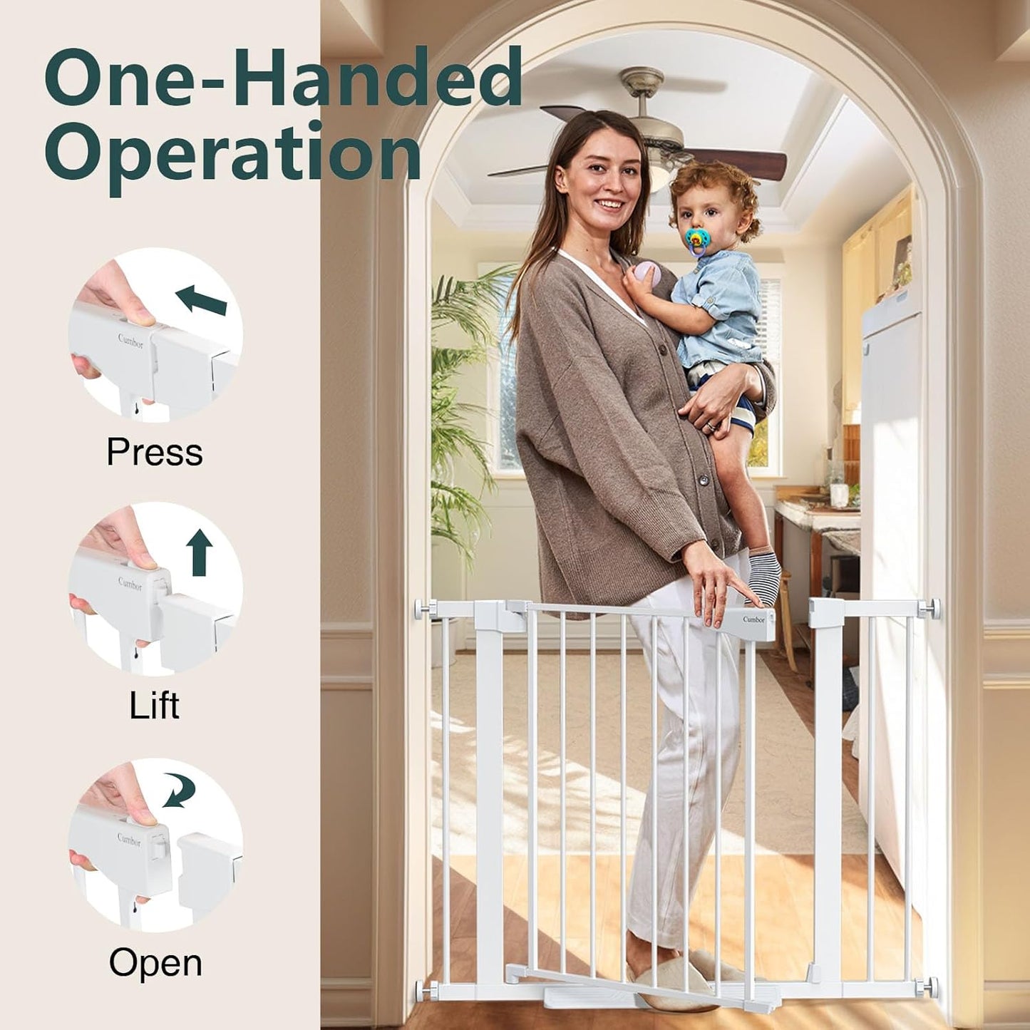 Cumbor 36.6-64" Extra Wide Baby Gate for Stairs, Dog Gates for Doorways, Auto-Close Pet Gate Indoor, Pressure Mounted Walk Through Safety Child Gate for Kids Toddler, Tall Pet Puppy Fence Gate, Brown