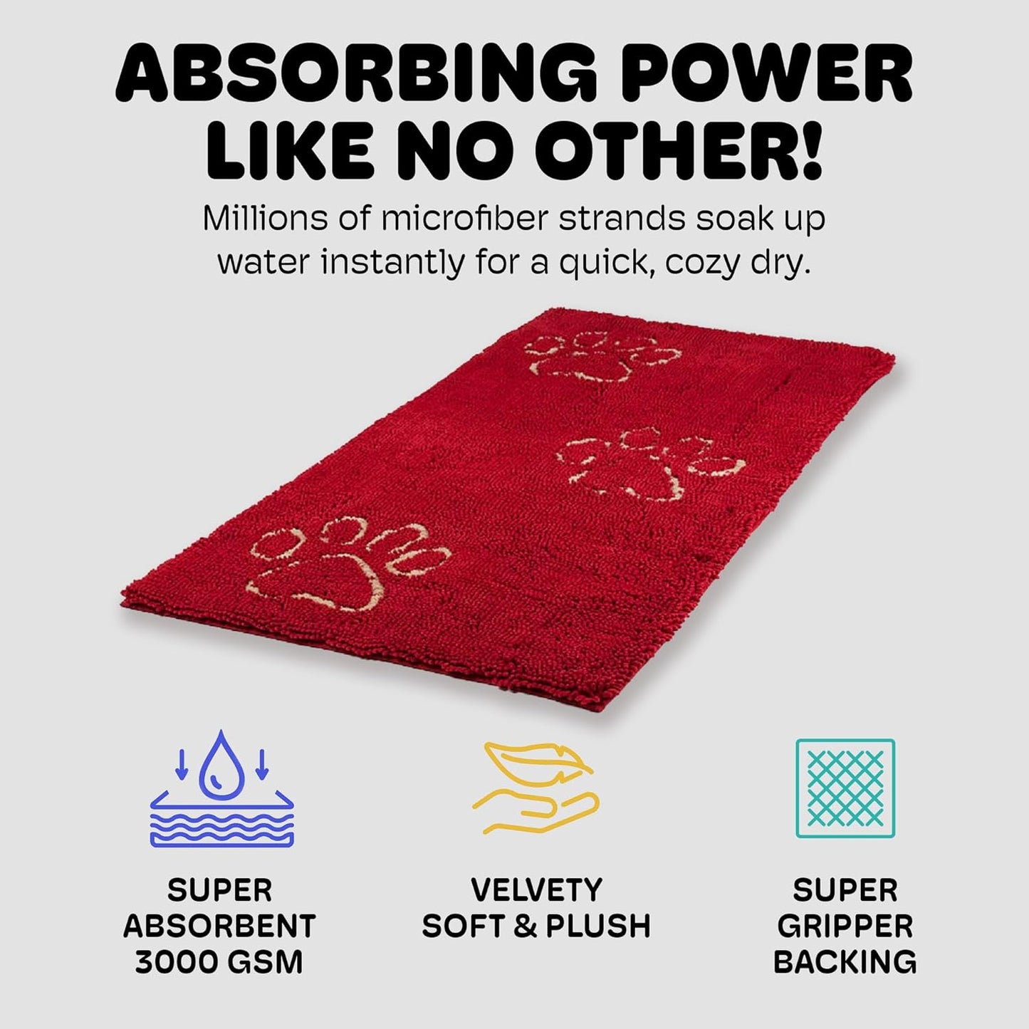 Dog Gone Smart Dirty Dog Doormat - Fast Drying Rug with Super Gripper Backing for Clean Floors - Super Absorbent and Machine Washable Mat for Muddy Paws - Grey