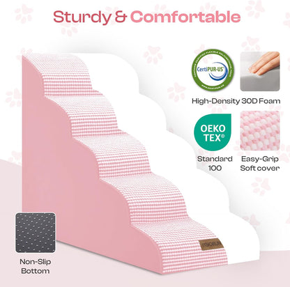 Dog Stairs for High Beds Up to 30", Extra-Tall 5-Step Dog Steps for Bed, 24.5" Tall Foam Pet Stairs for Small & Medium Dogs, Gentle Slope Cat Ramp for Bed with Washable Cover