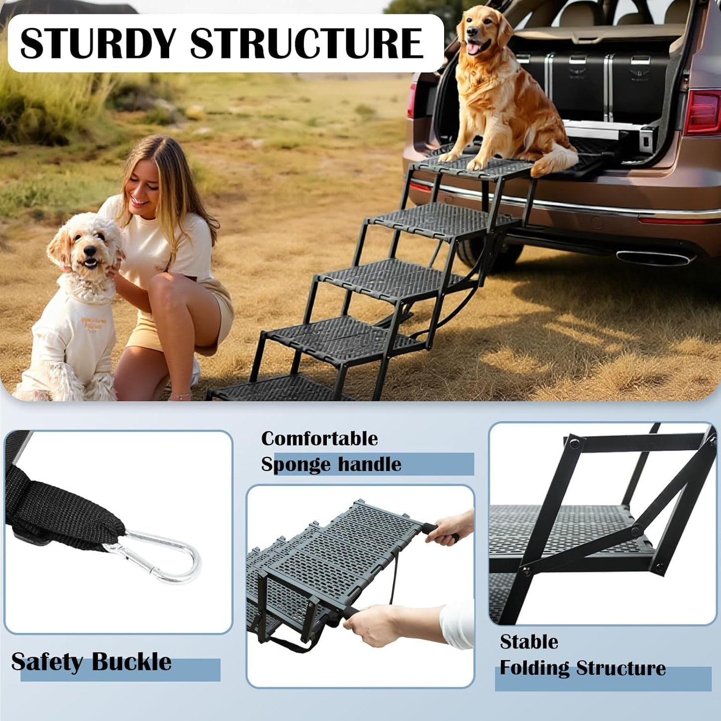 Dog Ramp for Car, SUV & Truck, Portable Pet Stairs with Non-Slip and Easy-Clean Surface, Extra Large Dog Step with Adjustable Size, Supports up to 250 lbs.