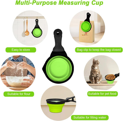 Collapsible Dog Food Scoop Foldable Pet Food Bag Clip 3 in 1 Multi-function Silicone Cat Food Measuring Cup Scoop Dog Food Scooper Pet Food Storage Clip (Green, 1 Cup Capacity(1 Pack))