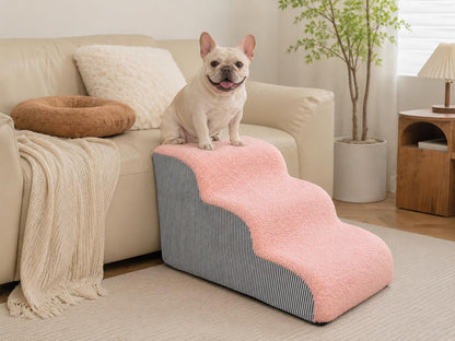 Dog Stairs & Steps, 3-Step Pet Stairs for Small Medium Dogs and Cats, Non-Slip Balanced Pet Ramp Indoor, Durable Non-Slip Fabric Cover and Foam (Pink)