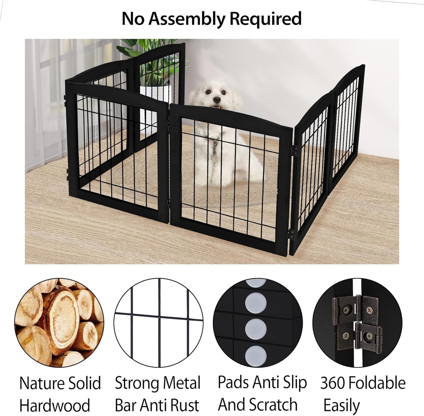 LZRS 2-Panel Freestanding Foldable Wood Dog Gate – Solid Wood & Steel Wire, Chew-Resistant Pet Barrier for Indoor Use, Ideal for Small to Medium Dogs, White