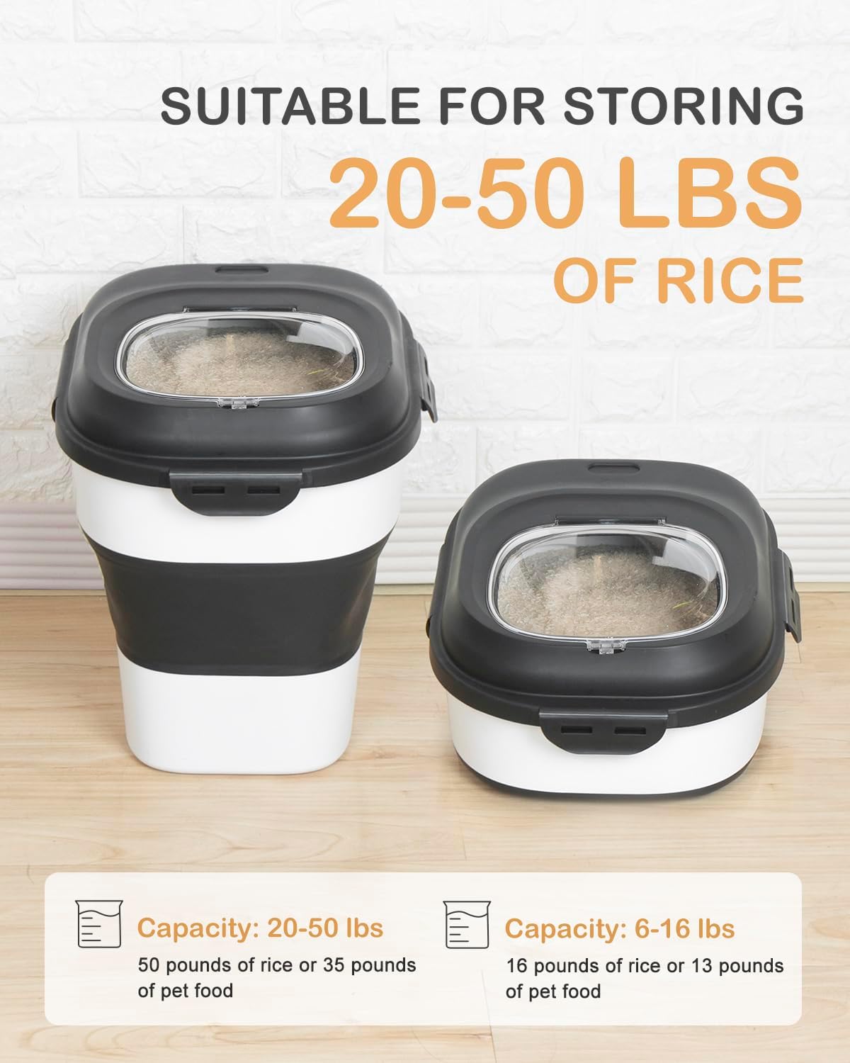 20-30 Lbs Rice Storage Container,Collapsible Food Storage Containers with Rolling Wheel Airtight Locking Lid,Flour Storage Container with Cup and Scoop,Suitable for Food,Rice,Pet Food,Flour