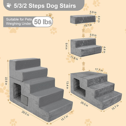 Dog Stairs for Small Dogs, 6-Step Dog Steps for High Bed, High-Density Foam Pet Stairs with Non-Slip Removable Washable Cover to Get on Bed