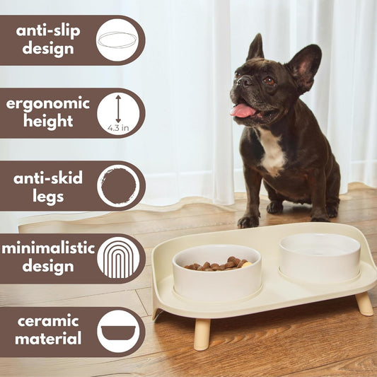 A4DOG Ceramic Dog Bowls with Stand - Elevated Dog Water and Food Bowl Set 13.5oz Cat & Dog Feeding Station Spill Proof Splash Proof Raised Pet Food Bowls for Dogs, No Mess Pet Feeder - Gray