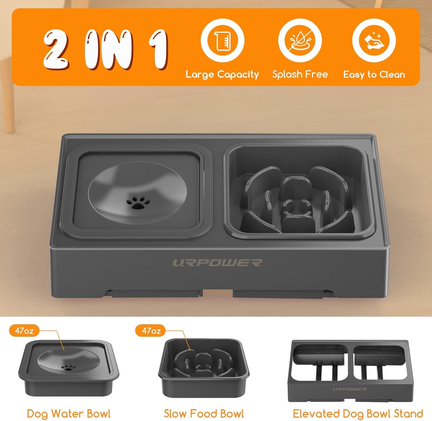 URPOWER 2-in-1 Elevated Slow Feeder Dog Bowls with No-Spill Water Bowl, 4 Height-Adjustable Raised Dog Bowls, Non-Slip Food and Water Bowls with Stand for Small, Medium, Large Dogs, Cats and Pets