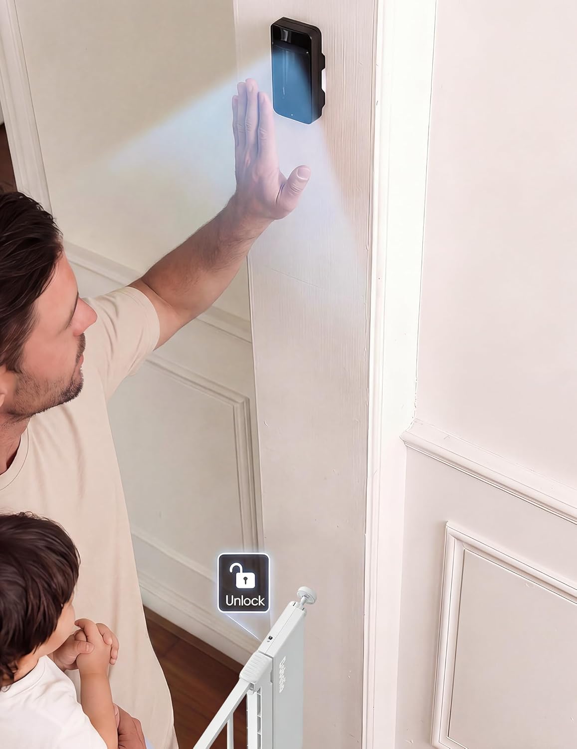Babelio Smart Baby Gate with Auto-Unlock/Close, Pressure Mounted No Drill for Doorways/Top of Stairs. Pet/Dog Door Wide Walk Thru w/Infrared Sensor & Safety Alert (Black, 26.3-37.8" W, 30" H)
