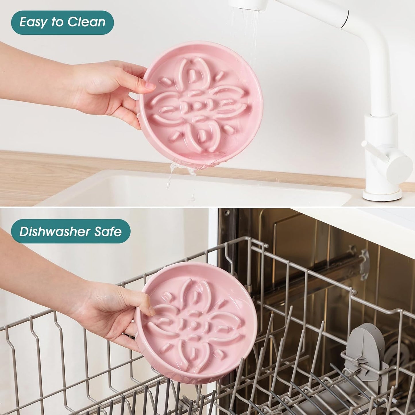 vancasso Ceramic Slow Feeder Dog Bowls, Puzzle Dog Food Bowls with Floral Maze, Anti -Slip Pet Food Dish for Small Breed, 0.6 Cups, Pink