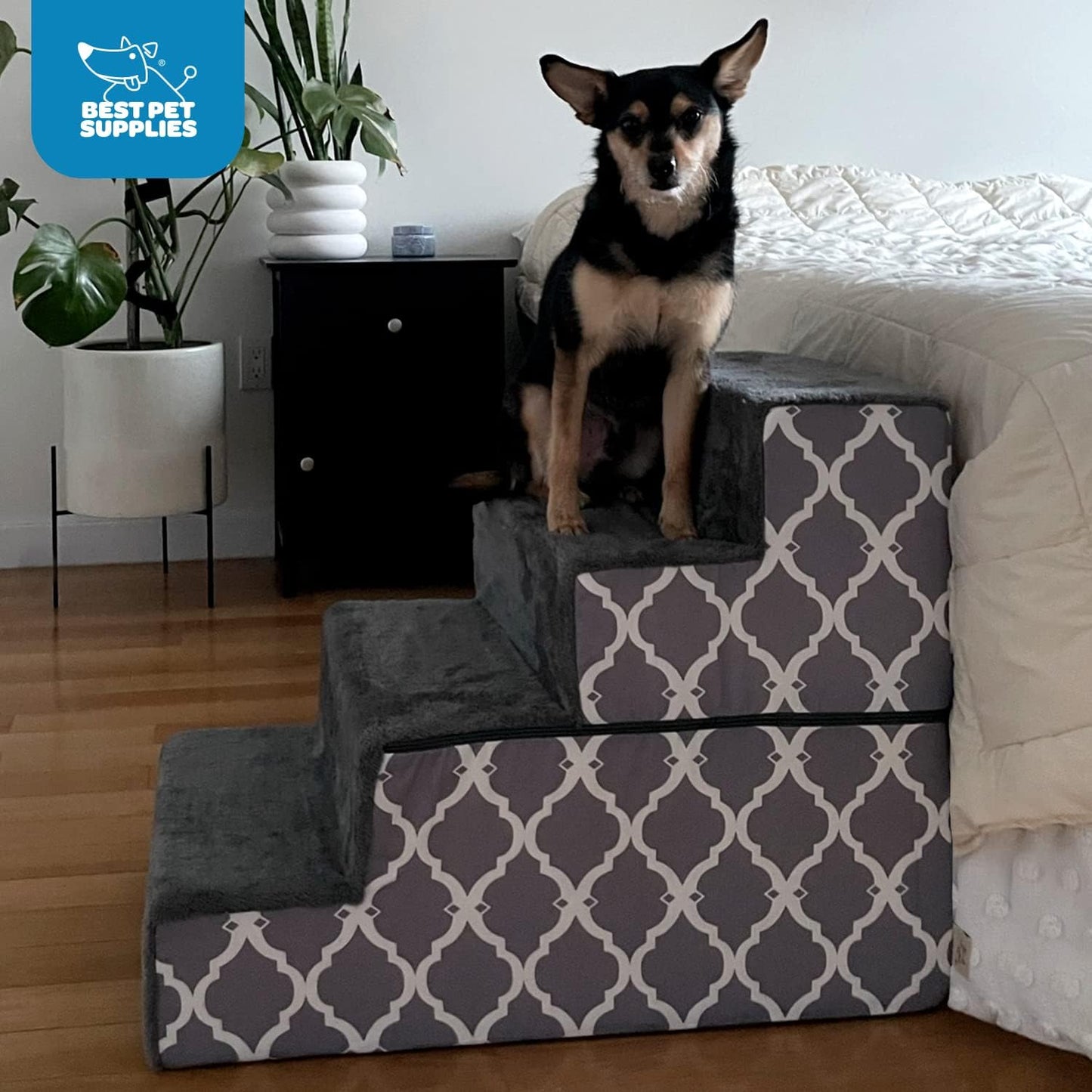 Best Pet Supplies Non-Slip Foam Dog Stair & Pet Ramp, Balanced Indoor Step Support - Foldable Stair, Ash Gray Linen,3-Step