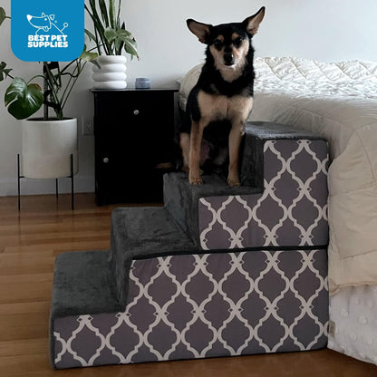 Best Pet Supplies Non-Slip Foam Dog Stair & Pet Ramp, Balanced Indoor Step Support - Foldable Stair, Ash Gray Linen,3-Step