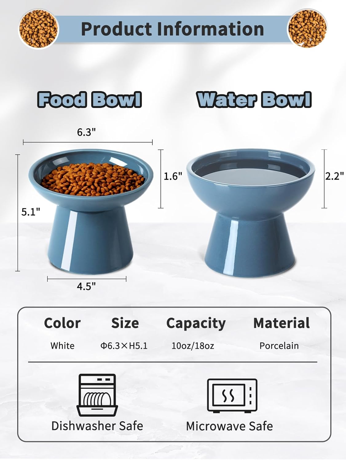 LoeJan Elevated Cat Food and Water Bowls Set, Extra Wide and Raised Ceramic Bowls, Anti-Vomit Whisker-Free Pressure Cat Feeder for Kittens to Adult Cats and Small Dogs (White, Water Bowl)