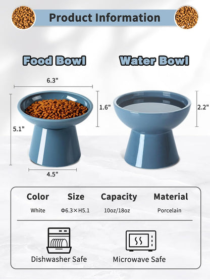 LoeJan Elevated Cat Food and Water Bowls Set, Extra Wide and Raised Ceramic Bowls, Anti-Vomit Whisker-Free Pressure Cat Feeder for Kittens to Adult Cats and Small Dogs (White, Water Bowl)