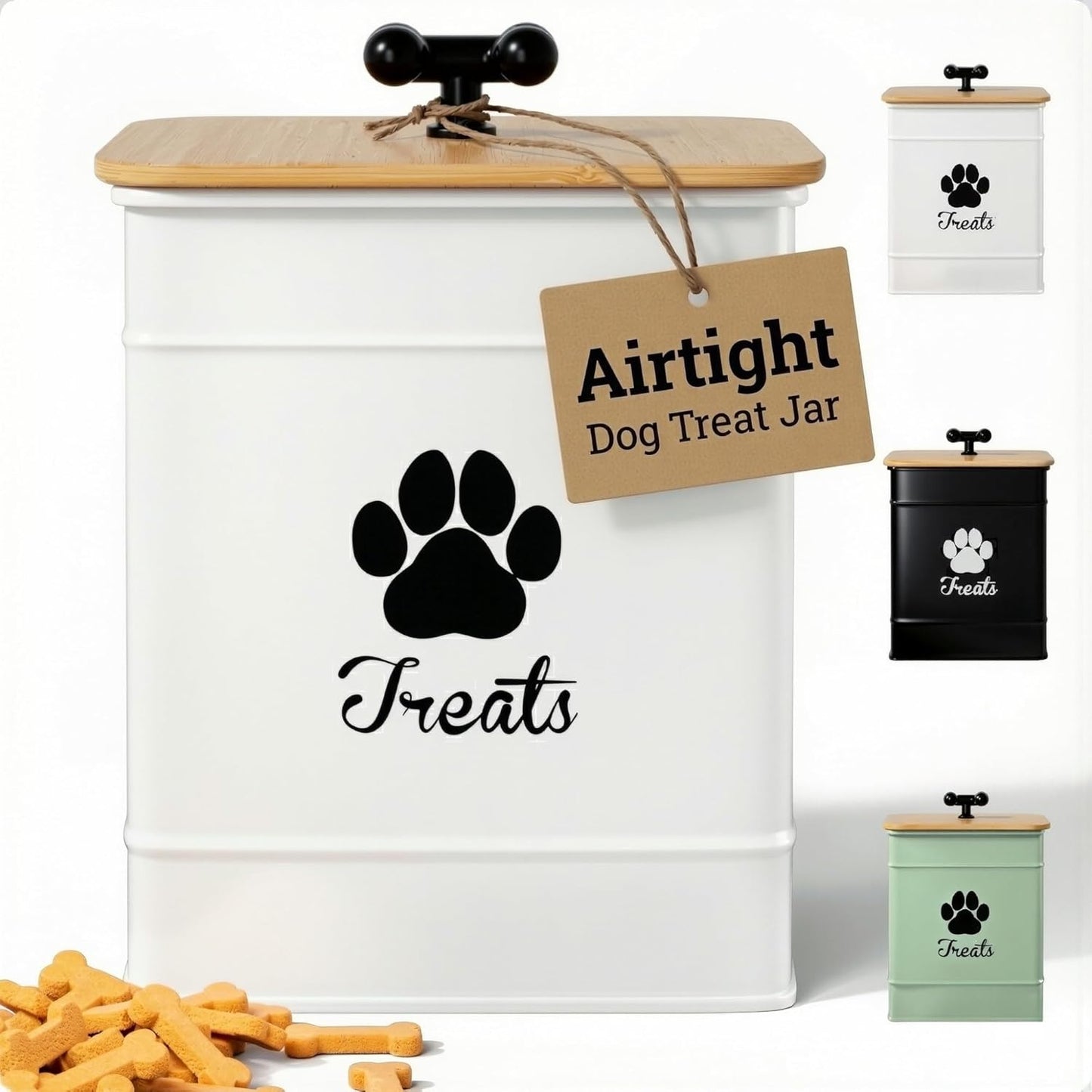 Dog Treat Container Airtight - 6 Inch Wide x 8 Inch Tall Iron Dog Treat Jar for Kitchen Counter with Airtight Bamboo Lid - 12 Cup Capacity Pet Treat Container - Doggie Cookie Jar - Big Treats Canister