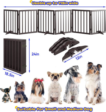 Freestanding Dog Gates Indoor, 3-Panel Pet Gates with 2 Metal Stands and 360° Hinge, 24" H Foldable Dog Gate for Stairs, Doorway, Kitchen, Expands Up to 55" Fully Assembled - Black Walnut