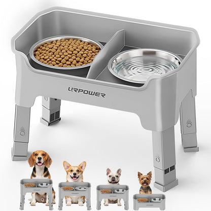 URPOWER 3-in-1 Elevated Dog Bowls - Mess Proof Double Deck 4 Height Adjustable Raised Stand with 2 Stainless Steel Food Bowls & Licking Plate for Small, Medium & Large Dogs