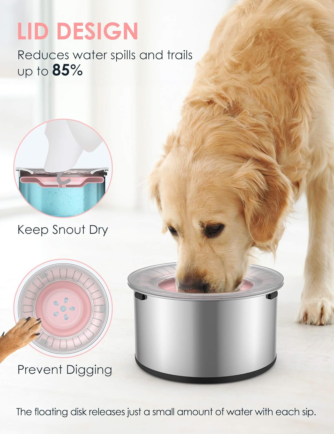 Heouvo 1 Gallon Large Dog Water Bowl No Spill,【Anti Digging Lid & Rubber Bottom】 Spill Proof Dog Bowl, Anti Splash Mess Dripless Slow Drinking Stainless Steel Water for Sloppy Messy Drinkers Car