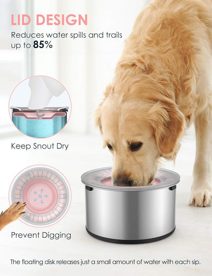 Heouvo 1 Gallon Large Dog Water Bowl No Spill,【Anti Digging Lid & Rubber Bottom】 Spill Proof Dog Bowl, Anti Splash Mess Dripless Slow Drinking Stainless Steel Water for Sloppy Messy Drinkers Car