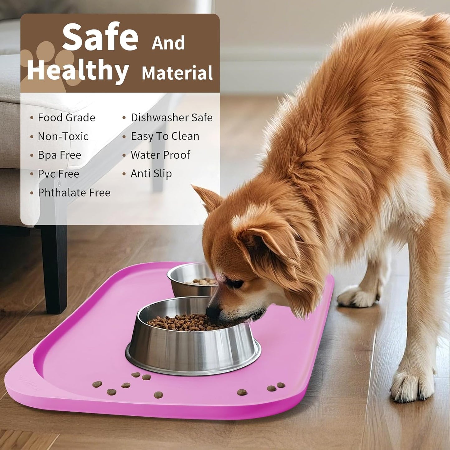 Smilool Silicone Pet Food Mat with Raised Edge for Food and Water Bowl, Dog Feeding Mats, Cat Food Trays for Floor Waterproof, Rubber Tray for Dogs and Cats, 19 x 12 x 0.7 Dark Brown
