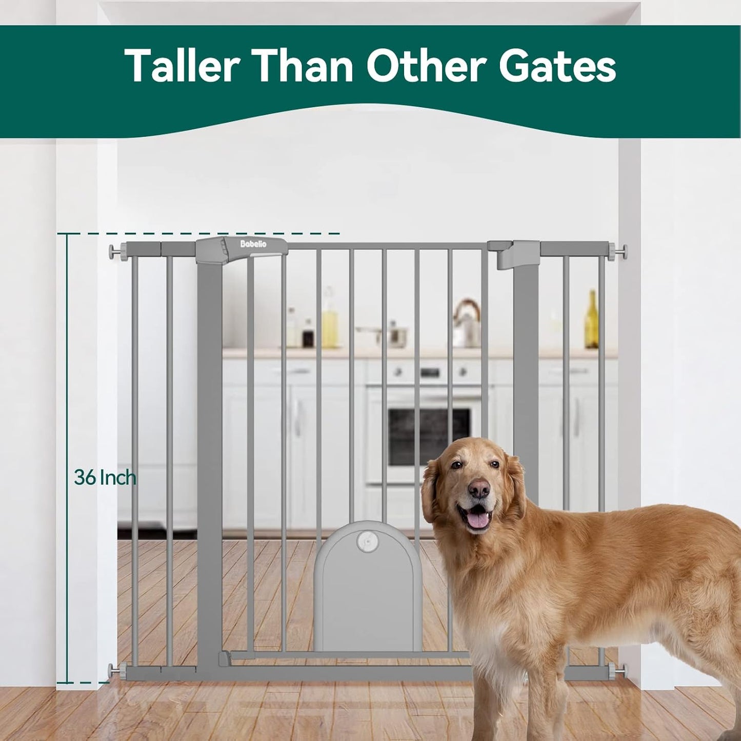 Babelio 36" Tall Auto Close Baby Gate with Small Cat Door, 29-43" Metal Cat Gate for Doorway, Stairs, House. Easy Walk Thru Dog Gate with pet Door, Includes 4 Wall Cups and 3 Extension Pieces, Black