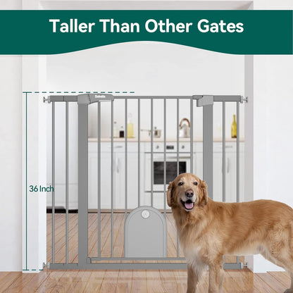 Babelio 36" Tall Auto Close Baby Gate with Small Cat Door, 29-43" Metal Cat Gate for Doorway, Stairs, House. Easy Walk Thru Dog Gate with pet Door, Includes 4 Wall Cups and 3 Extension Pieces, Black