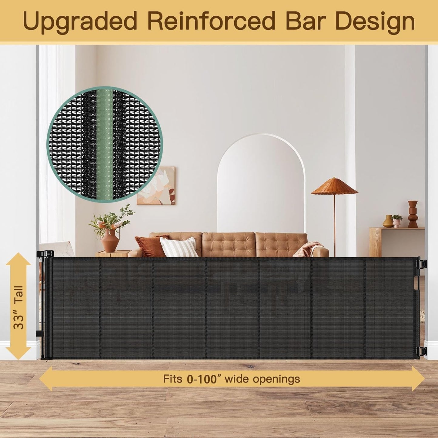 Reinforced 80 Inch Retractable Baby Gate Extra Wide Baby Gate for Wide Openings, Indoor/Outdoor Retractable Dog Gate for Doorway, Mesh Dog Gate Indoor Prevent Babies/Pets from Crawling Under, Black