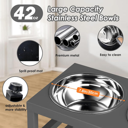 ADENGL Metal Raised Dog Bowl, 10" Tall Elevate Dog Feeder Stand with 2 Stainless Steel 42oz Bowls & 16x24 Non-Slip Mat – Stronger Dogs Food & Water Bowl Stand (Black)
