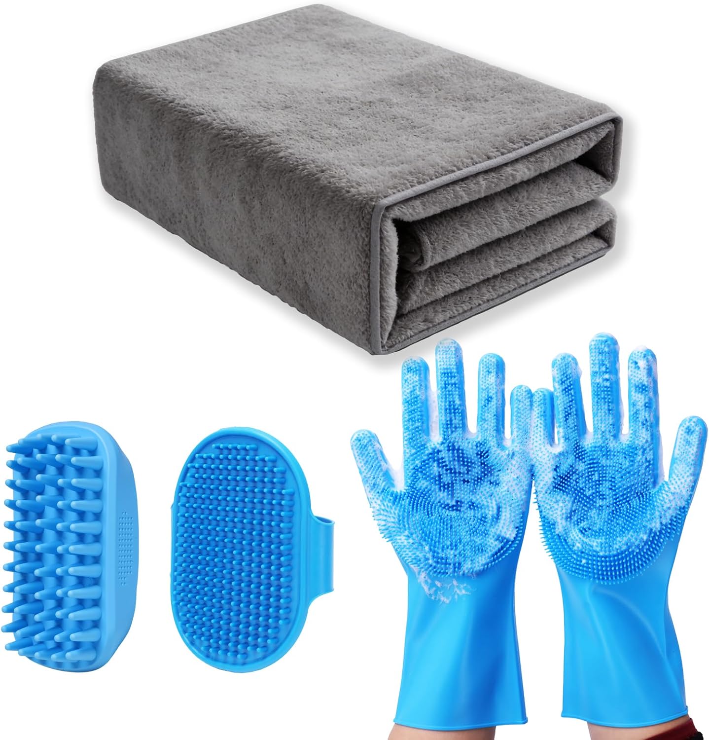 3PCS Dog Bath Supplies,Dog Bath Brush | Dog Washing Gloves | Dog Towel 40'' X 23.6'',Super Absorbent and Soft Pet Grooming Towel, Perfect Shower & Grooming Supplies for Dogs (A-3 Kits)
