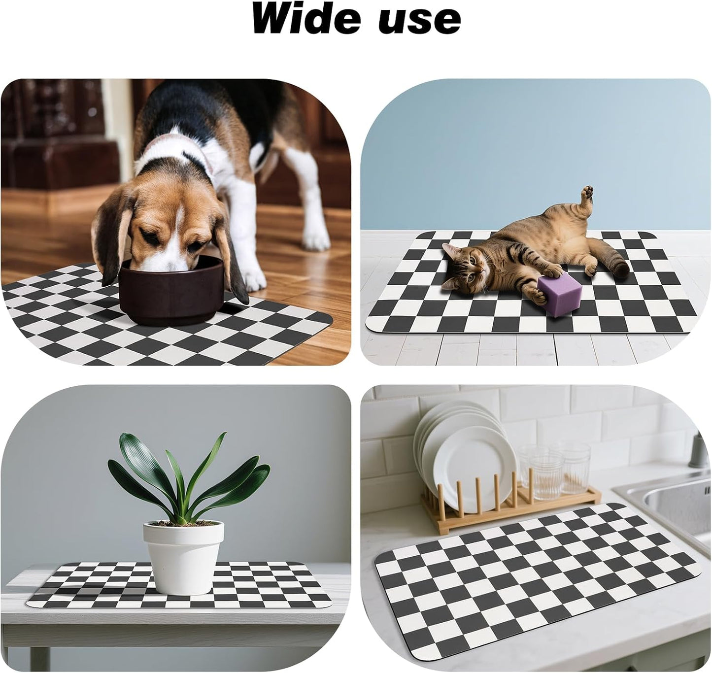 CooRug Checkered Dog Food Mat, Absorbent Leak-Proof Pet Feeding Mat, Quick Dry Cat Food Mat for Messy Drinkers 12" x 20" Khaki