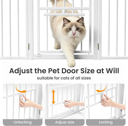 Metal Freestanding Dog Gate with Cat Door for Outdoor Indoor,80" Extra Wide Foldable Pet Fence,30" Tall Dog Gate for Large Opening,Stairs,Hallways,Doorways,Deck,Yard,with 3PCS Support(4 Panels,Black)